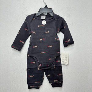 Nordstrom Baby Holiday 2 Piece Set Navy Blue Santa Sleigh 100% Cotton NWT‎
